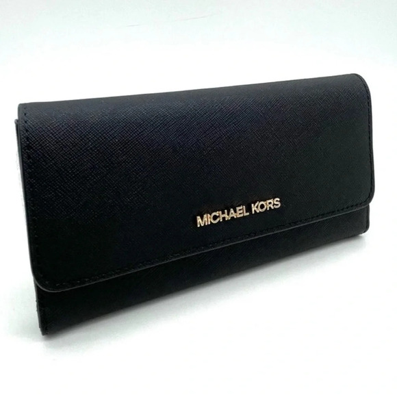 Michael Kors Large Trifold Wallet Black/Gold - Picture 2 of 8